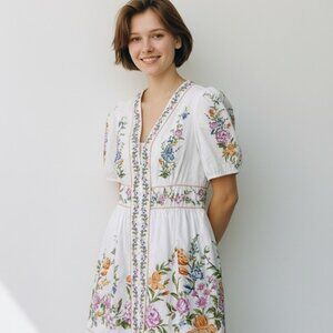 NWOT White Beach Dress with bright florals SZ Large/ Button down/ Vacation